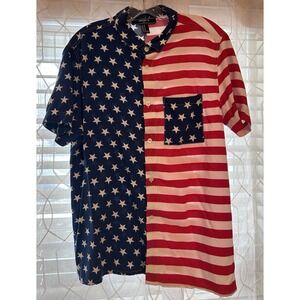 Forever 21 Flag Men's M Short Sleeve Button-Up Cotton Shirt Blue/Red/White